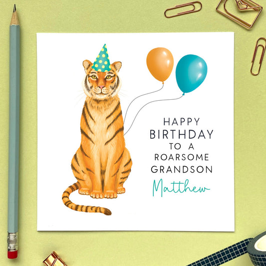 personalised any age tiger birthday card for him - for him, son, grandson, nephew, brother, kids, children, child, baby, toddler, godson, cousin, boys - birthday card for boy - 1st, 2nd, 3rd, 4th, 5th, 6th, 7th, 8th, 9th, 10th, 11th, 12th, 13th, 14th, 15th, 16th - sixteen, teenager, teenage, birthday card for teenage boy