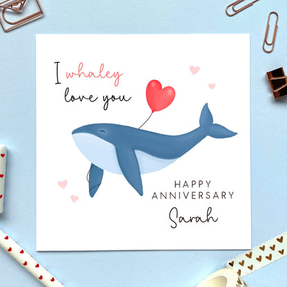 personalised whale anniversary card - I whaley love you - funny anniversary card - for him, for her, husband, wife, boyfriend, girlfriend, fiance, fiancee, partner - cute, special, happy anniversary, first anniversary, wedding anniversary, 1st, 2nd, 3rd