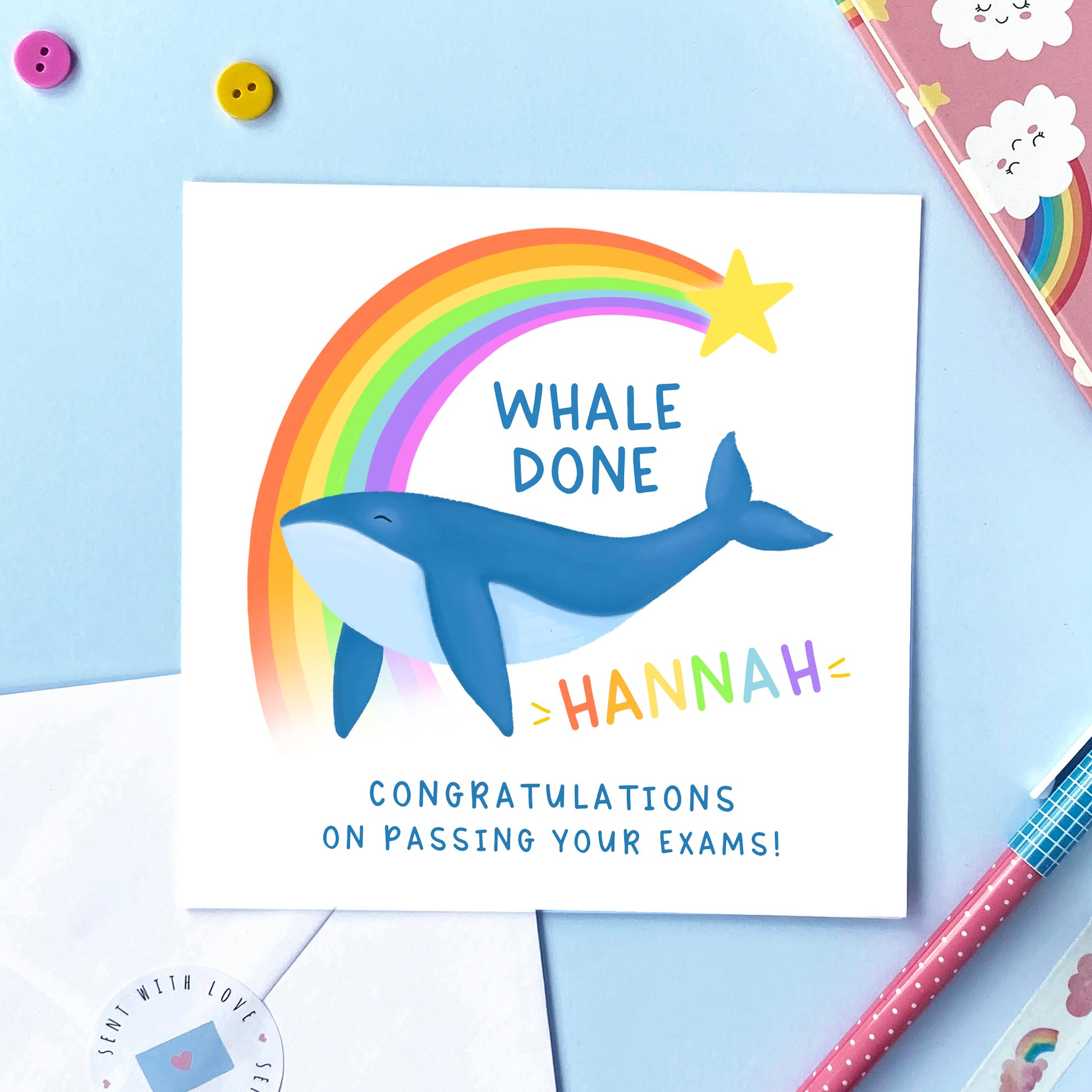 personalised funny whale well done card for kids children passed exams