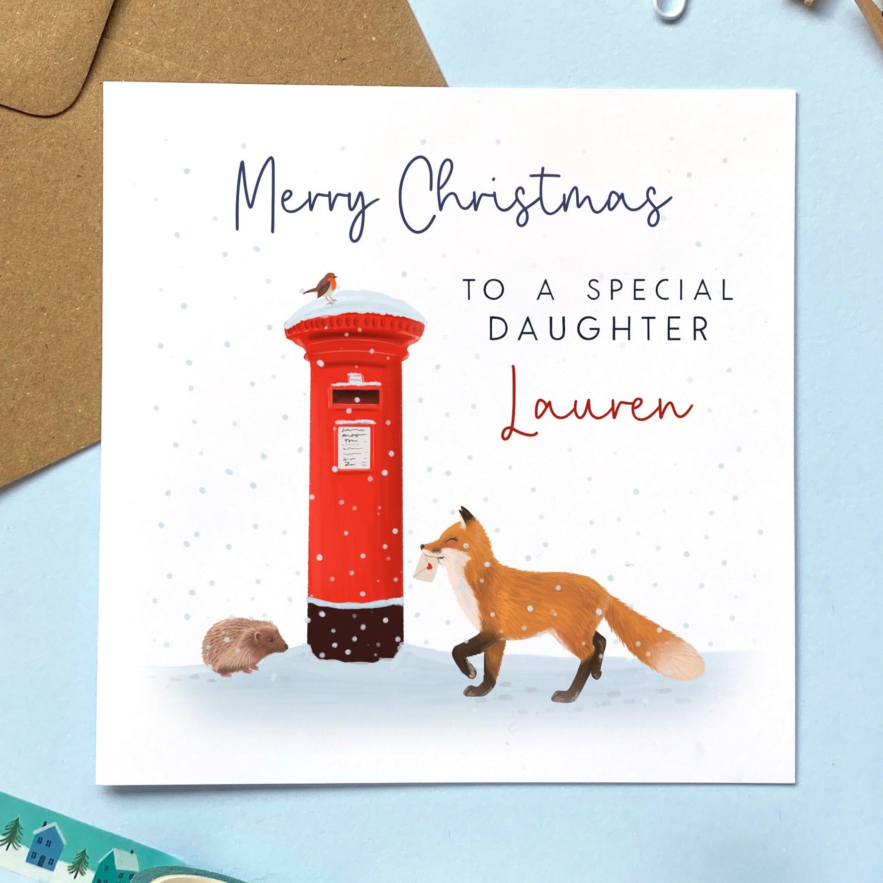 personalised christmas card for daughter - for her, wife, girlfriend, granddaughter, niece, sister, great granddaughter, son, grandson, mum, dad, nephew - kids, adults, him, man, woman, lady, friend, children - fox, robin, hedgehog, postbox, cute, animals, woodland, british, special, handmade, uk